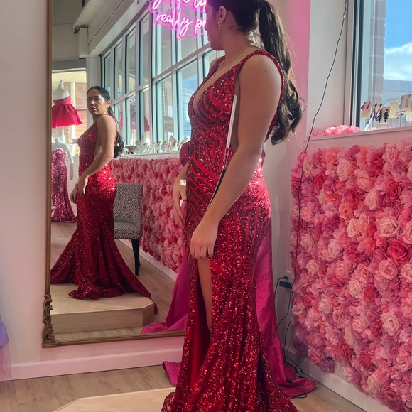 Jovani V-Neck Sleeveless Gown with High Slit and Sequins 38053 - Picture 2 of 3